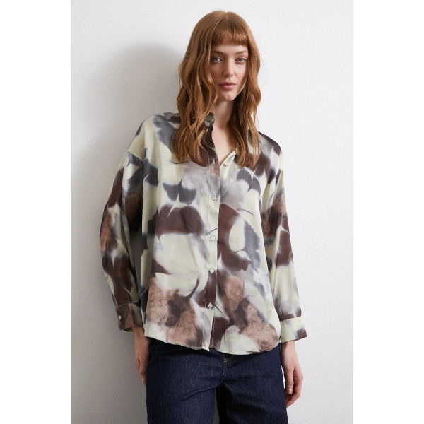 Batik Desen Saten Gömlek Kahve