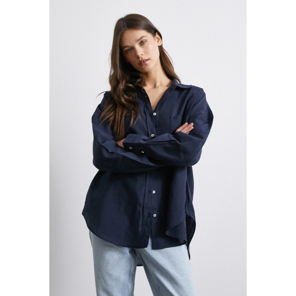 Cepli Oversize Keten  Gömlek Lacivert