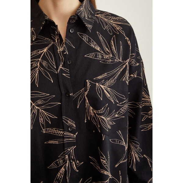 Çiçek Desenli Poplin Gömlek Siyah