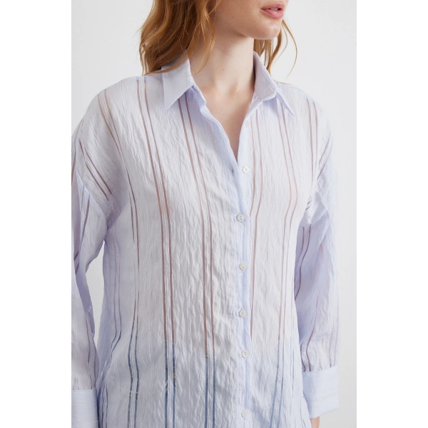 Organze Çizgili Gömlek Mavi
