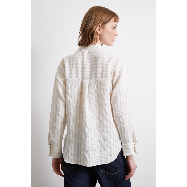 Multi Çizgili Cepli Gömlek Bej