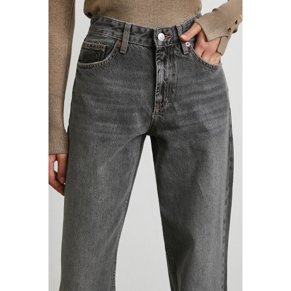 Beş Cepli Yüksek Bel Jean Gri