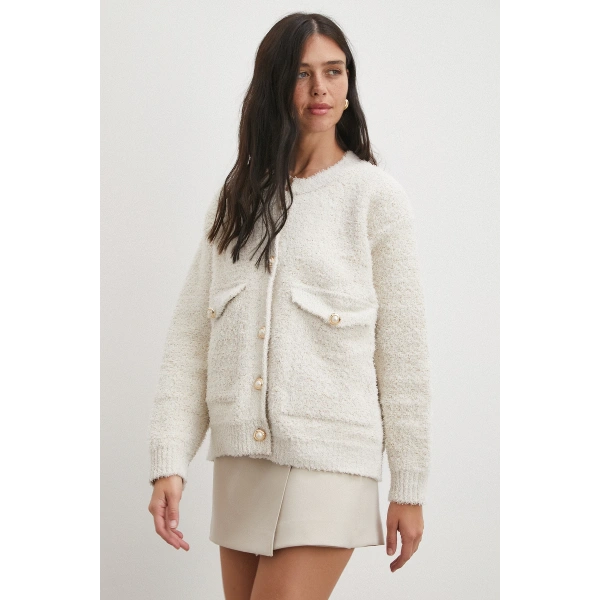 Cepli Düğmeli Simli Hırka Ekru