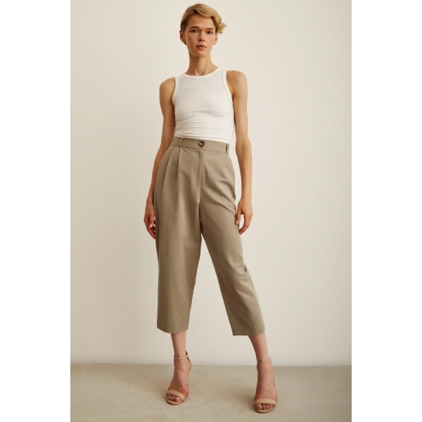 Önü Çift Pileli Pantolon Haki