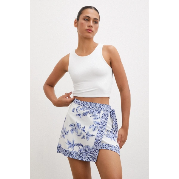 Etnik Desen Mini Etek Mavi