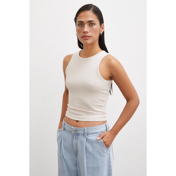 Bisiklet Yaka Top Bej