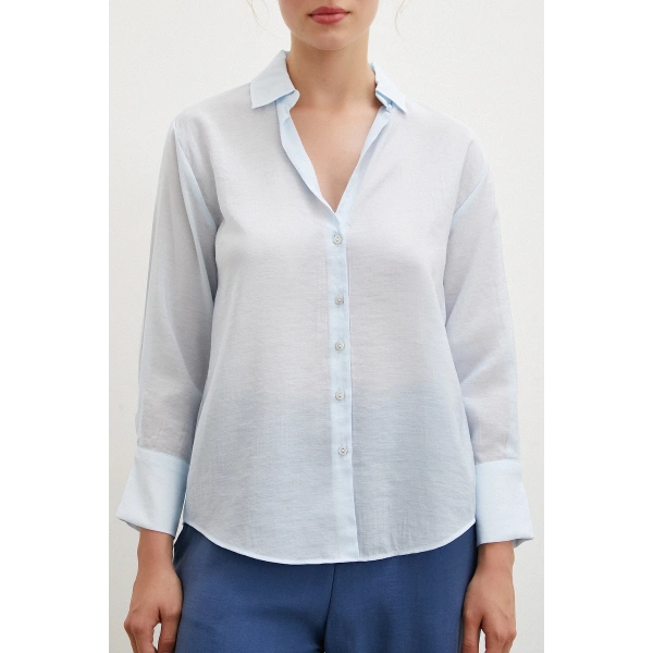 V Yaka Robalı Gömlek Mavi