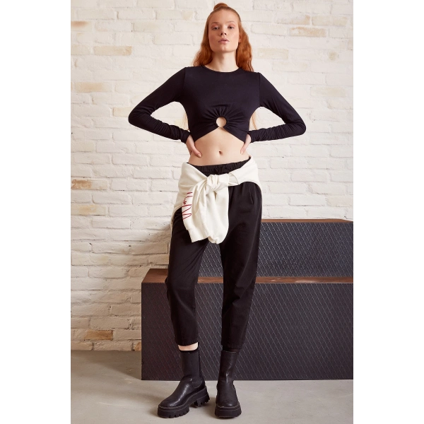 Beli İpli Salaş Gabardin Pantolon Siyah