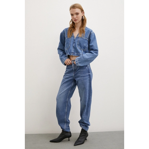 Yüksek Bel Düğme Kapamalı Mom Jean Mavi