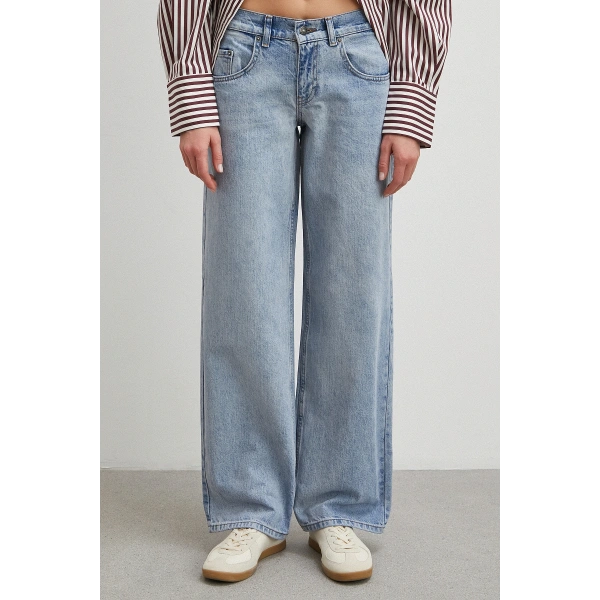 Düşük Bel Wide Leg Jean Mavi
