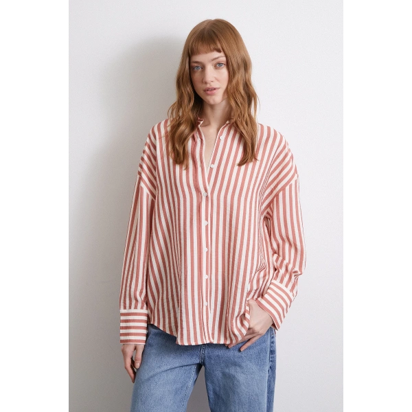 Çizgili T Kol Gömlek Kiremit