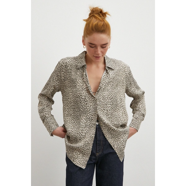 Leopar Desenli Viskon Saten Gömlek Krem