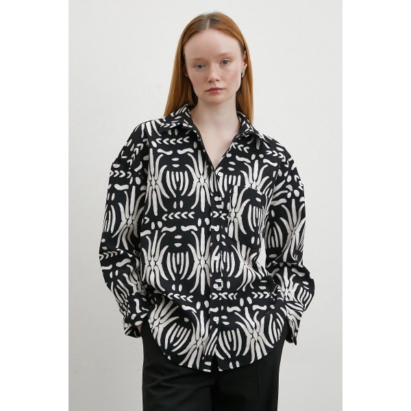 Krep Kontrast Desenli Gömlek Siyah