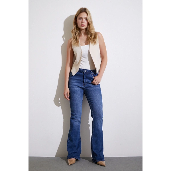 Yüksek Bel İspanyol Paça Jean Lacivert