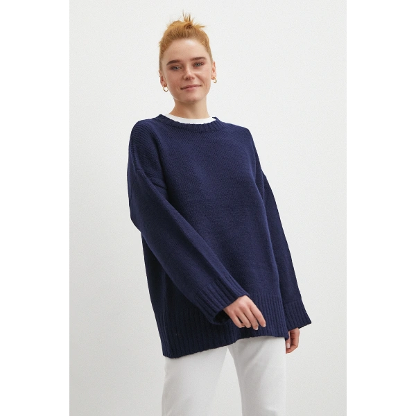 Bisiklet Yaka Fitilli Triko Kazak Lacivert