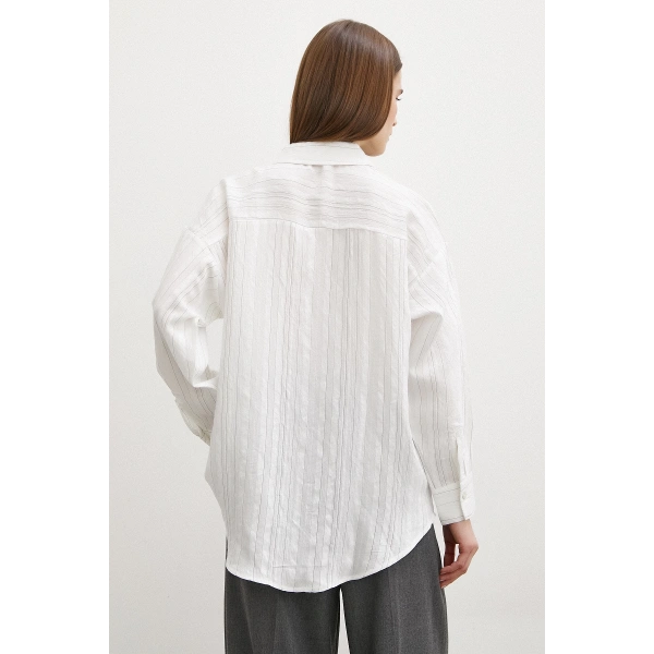 Dokulu Çizgili Gömlek Krem