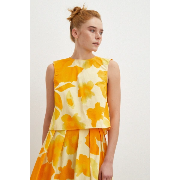 Batik Desen Sıfır Kol Bluz Sarı