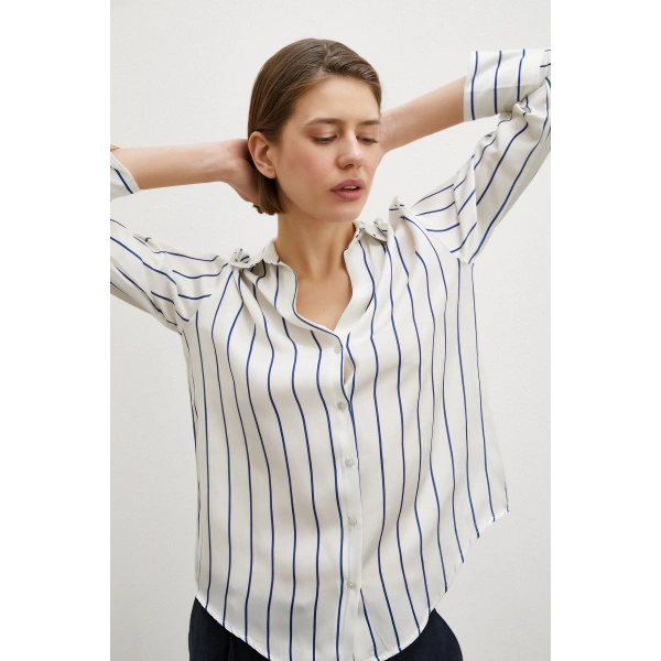 İnce Çizğili Şifon Gömlek Ekru