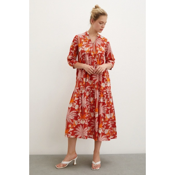 Hakim Yaka Desenli Maxi Elbise Oranj
