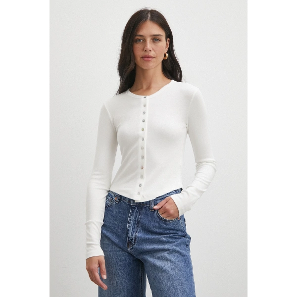 Düğmeli Uzun Kol Bluz Beyaz