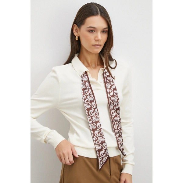 Fularlı Polo Yaka Kazak Ekru