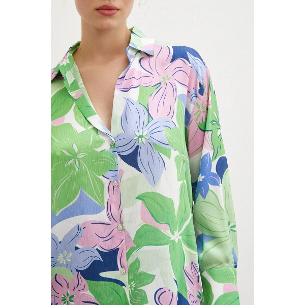 Çiçek Desen Saten Gömlek Yeşil