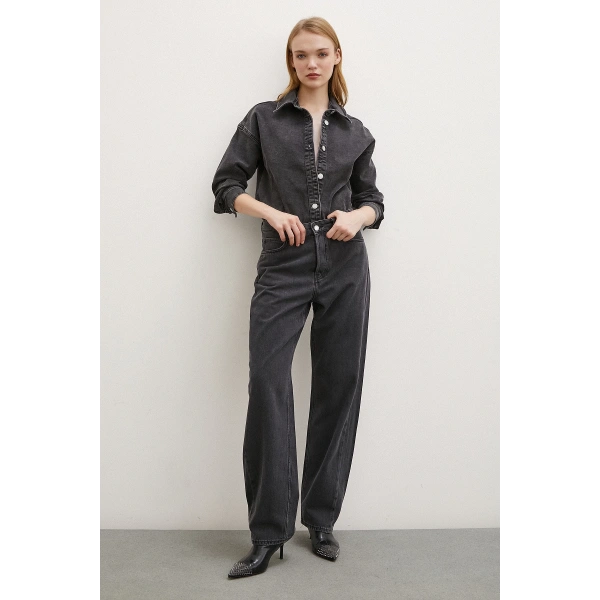 Yüksek Bel Düğme Kapamalı Mom Jean Siyah