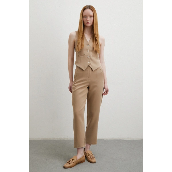 Önü Pensli Skinny Kumaş Pantolon Vizon