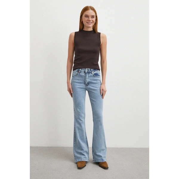 Orta  Bel Likralı İspanyol Paça Jean Buz Mavisi