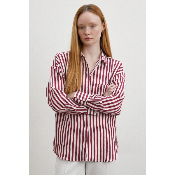 Multi Çizgili Cepli Gömlek Bordo