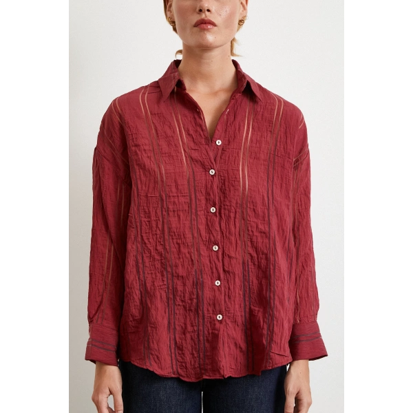 Organze Çizgili Gömlek Bordo