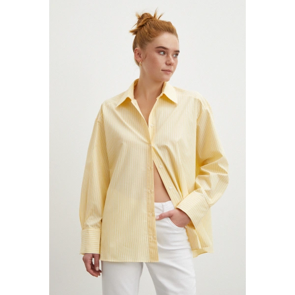 Cepli Çizgili Poplin Gömlek Sarı