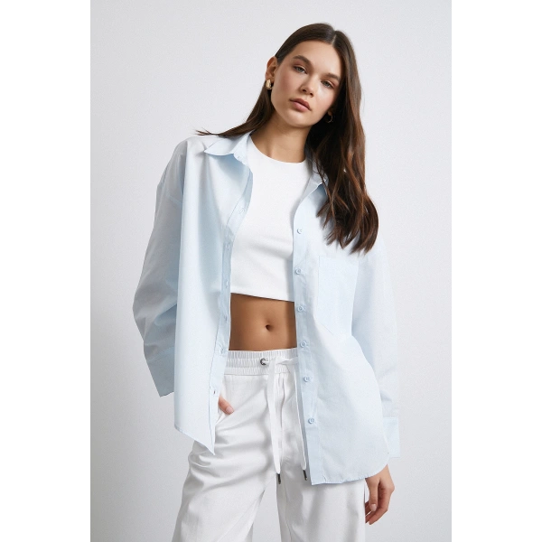 Oversize Pamuklu Gömlek Açık Mavi