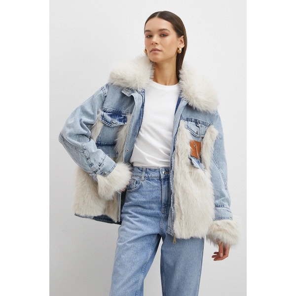 Kot Garnili Kürklü Mont Mavi