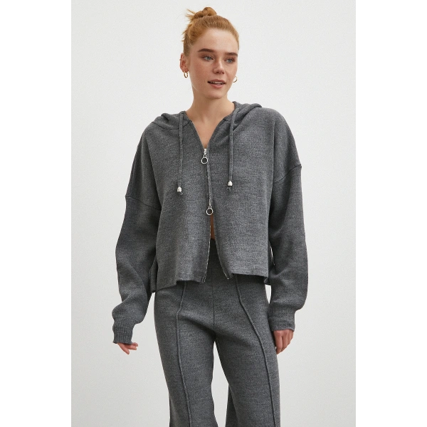 Çift Fermuarlı Kapüşonlu Pantolonlu Takım Gri