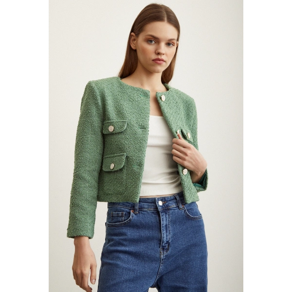 Düğme Detaylı Tüvit Ceket Yeşil
