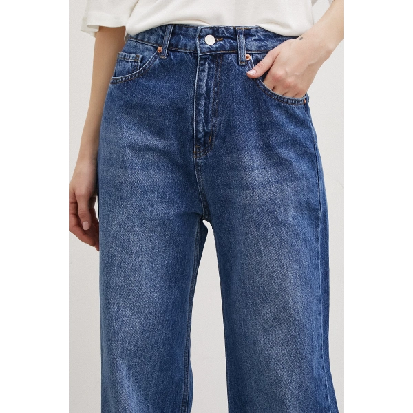 Yüksek Bel Dar Paça Mom Jean Mavi