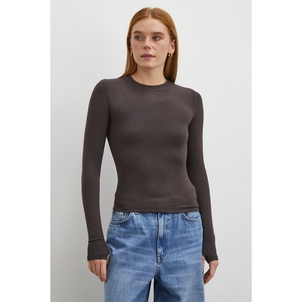 Kol Yırtmaçlı Bluz Kahve