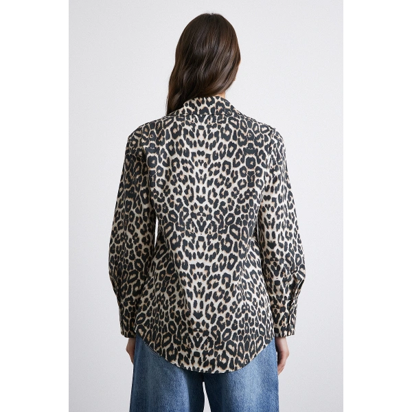 Leopar Desenli Saten Gömlek Bej