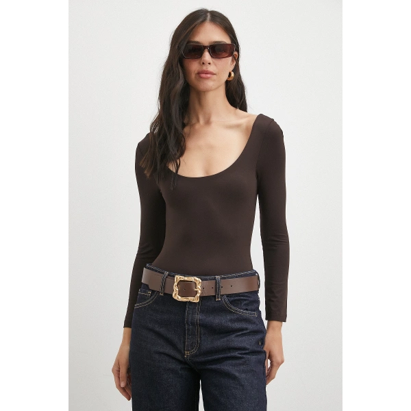 U Yaka Uzun Kollu Çıtçıtlı Bodysuit Kahve