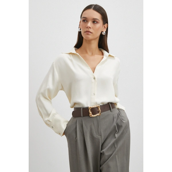 Viskon Saten Gömlek Ekru