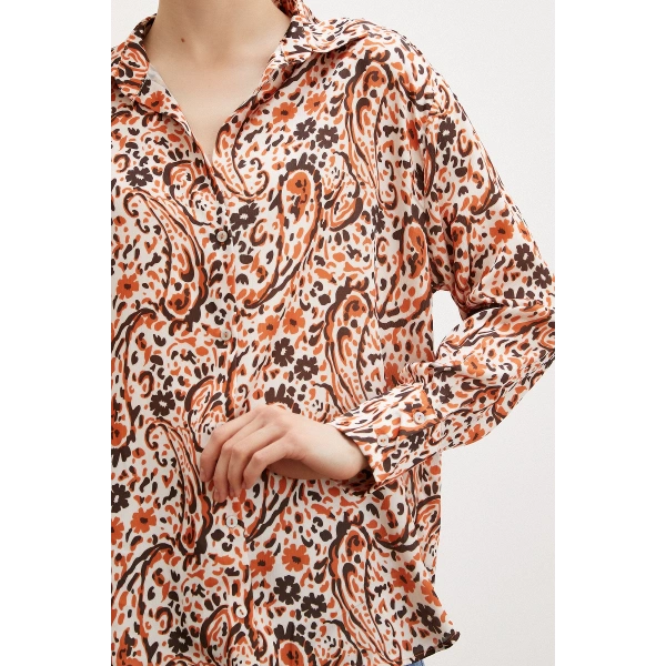 Desenli Gofret Saten Gömlek Oranj