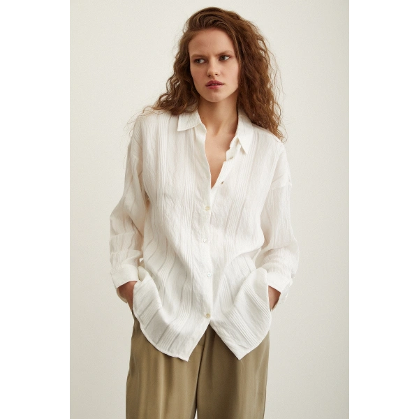 Dokulu Çizgili Gömlek Beyaz