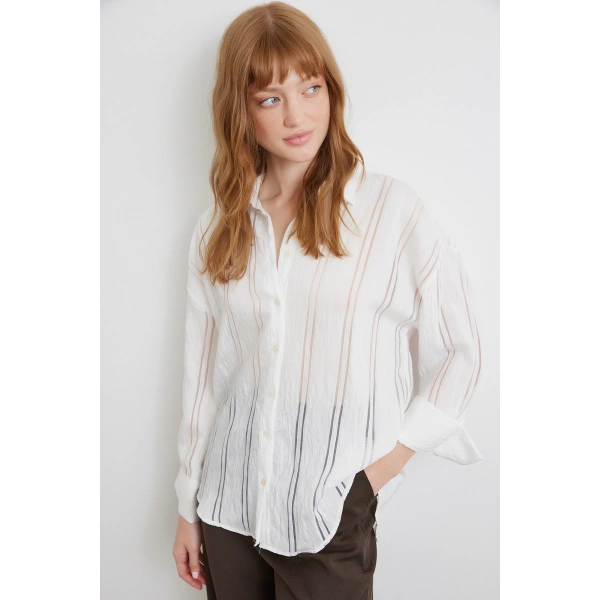 Organze Çizgili Gömlek Ekru