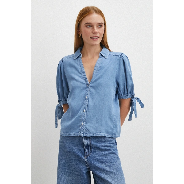 Kısa Kollu Bağcıklı Gömlek Mavi