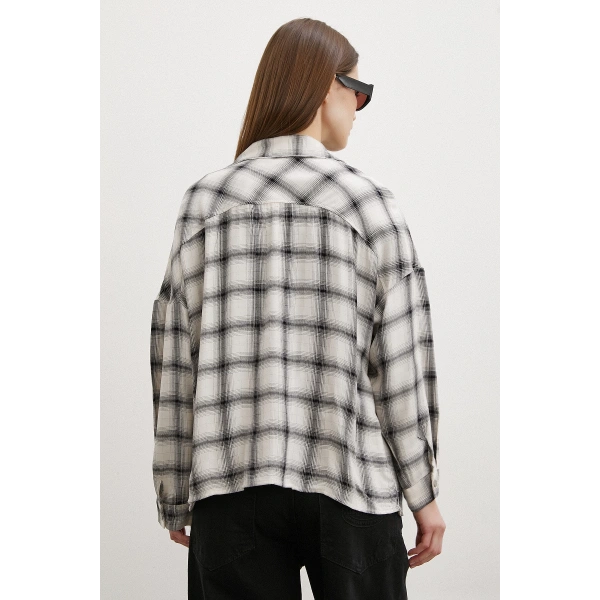 Körüklü Cepli Ekose Gömlek Krem