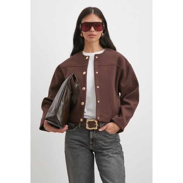 Beli Lastikli Düğmeli Bomber Ceket Kahve