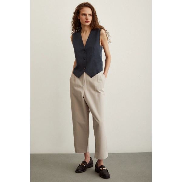 Önü Çift Pileli Pantolon Taş