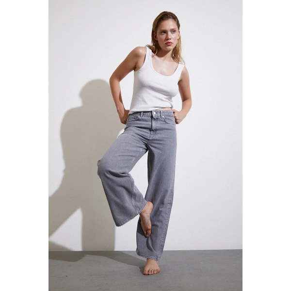 Yüksek Bel Wide Leg Jean Füme