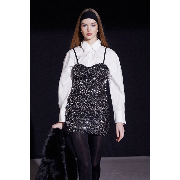 Askılı Pul Elbise Gümüş